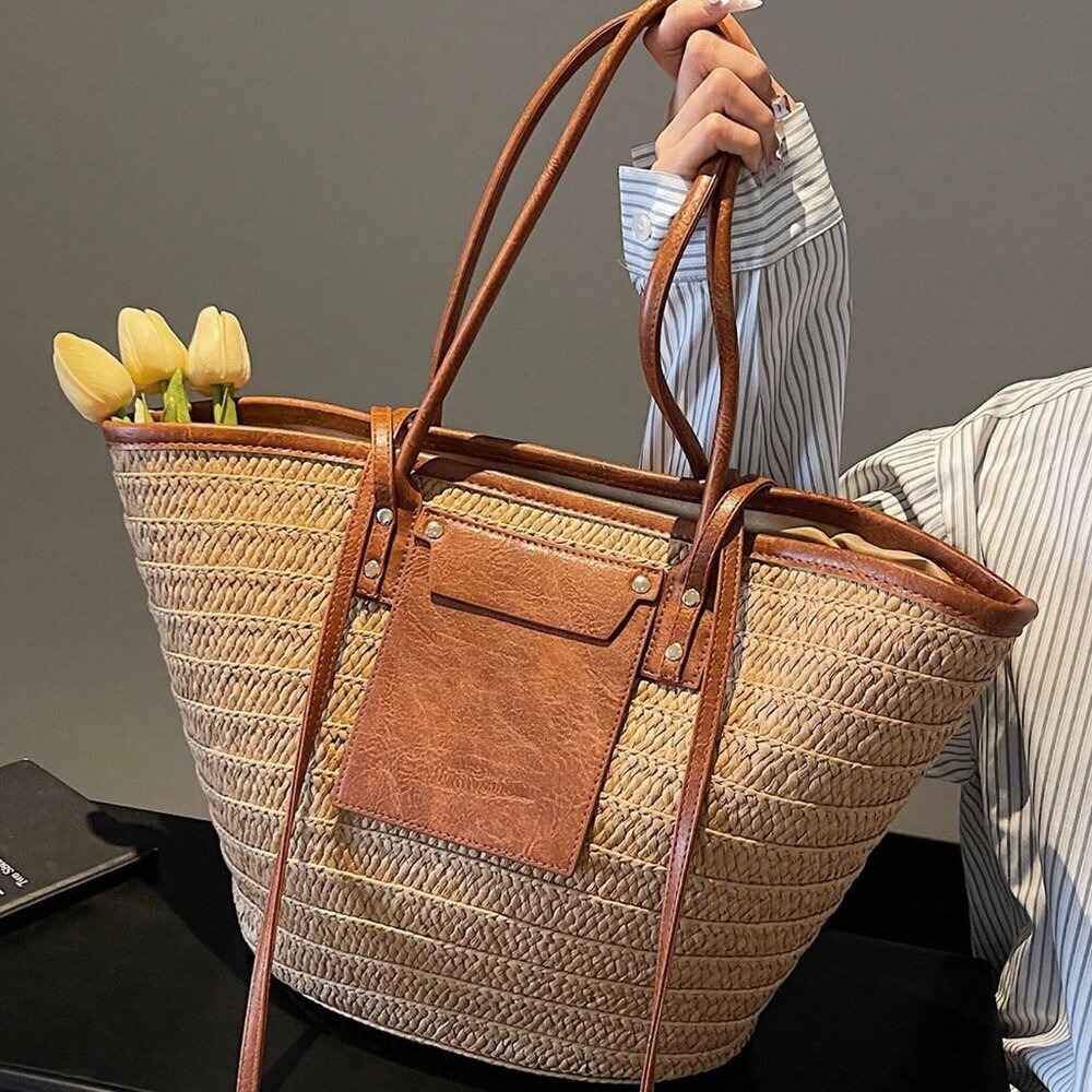 Khaki Casual Women's Woven Tote Large Capacity Beach Bag
